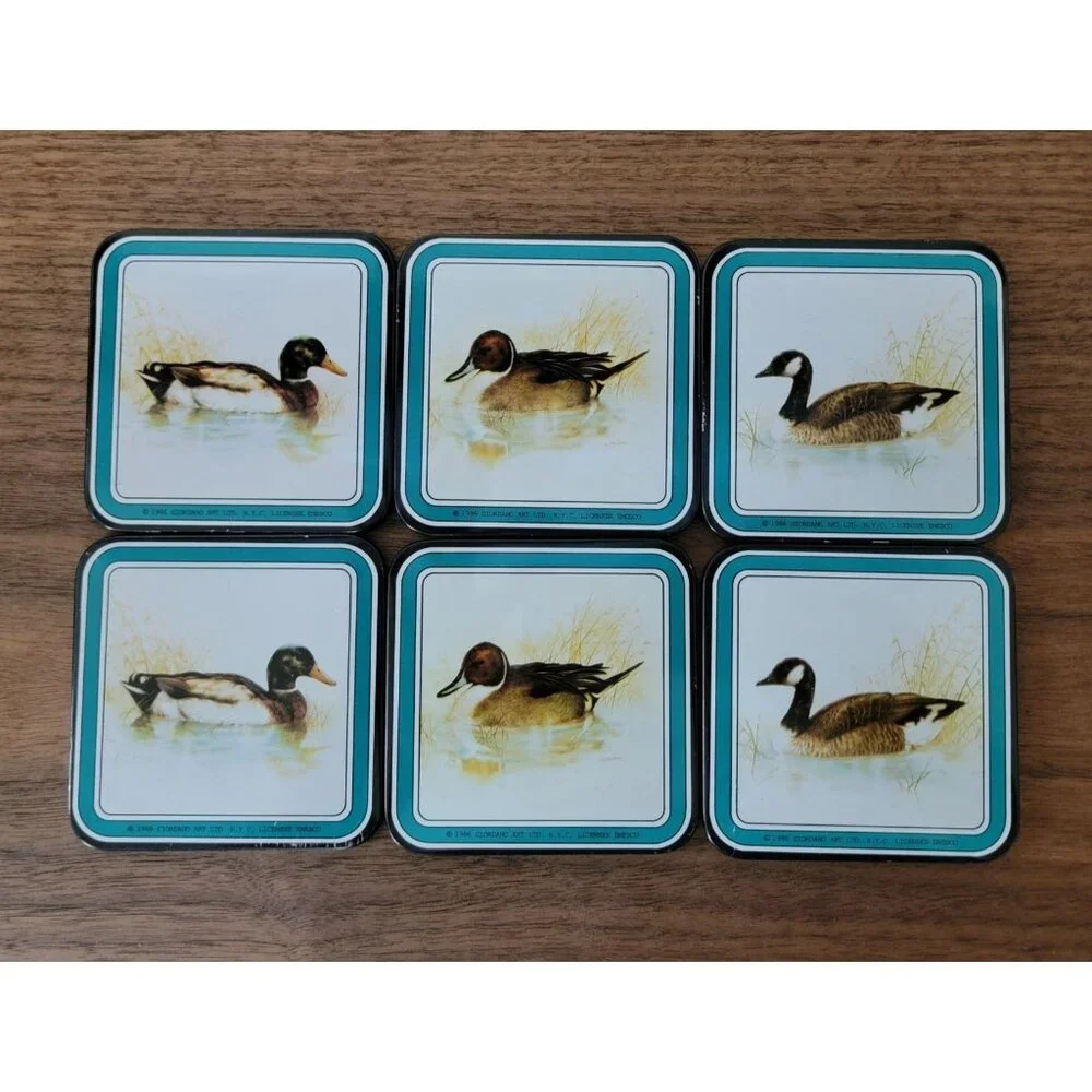 Vintage Set Of 6 Enesco Giordano Art 1986 Duck Design Square Coasters - Picture 1 of 7